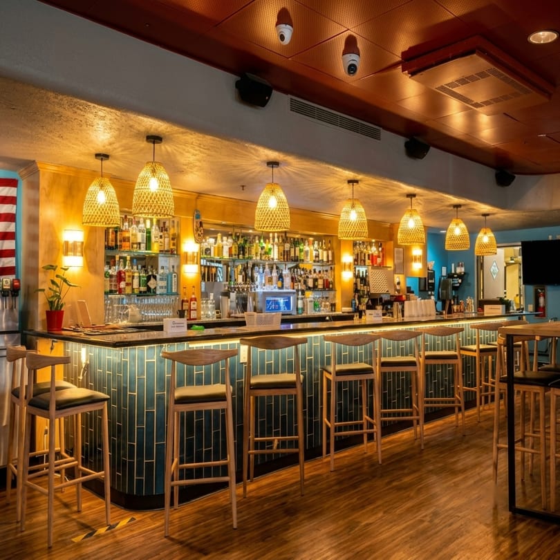 A well-lit bar area with numerous bottles, bar stools, and woven pendant lights.